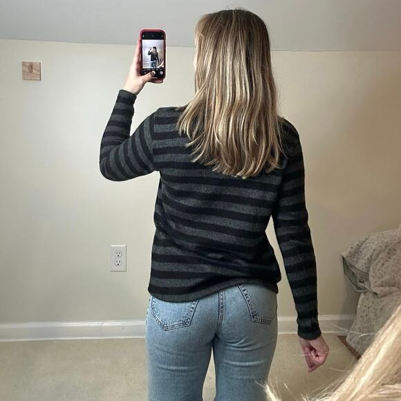 Zara: Black and Gray Striped Sweater with Floral Embroidery Patch - Picture 2 of 5